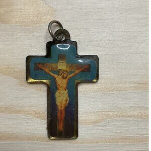 Dark Turquoise Color Image Crucifix Cathedral Religious Rosery Necklace Charm